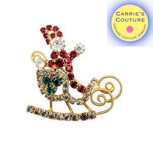 Vintage 1960s Signed Hobe Rhinestone Santa Claus in His Sleigh Brooch